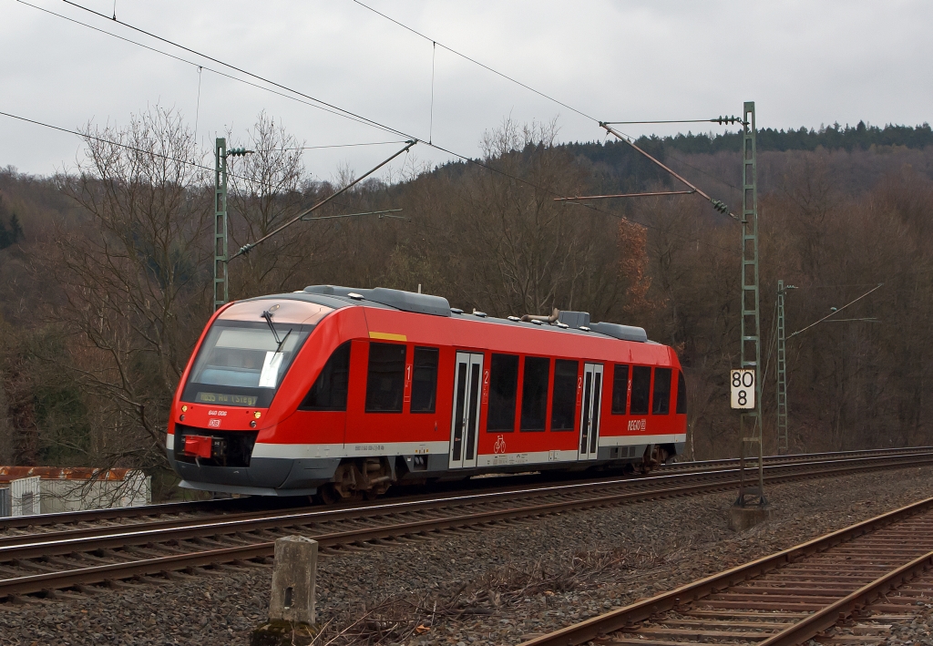 640 006 ein LINT 27 der DreiL�nderBahn als RB 95 (Siegen - Betzdorf - Au ), hier am 31.03.2012 bei Betzdorf-Bruche.