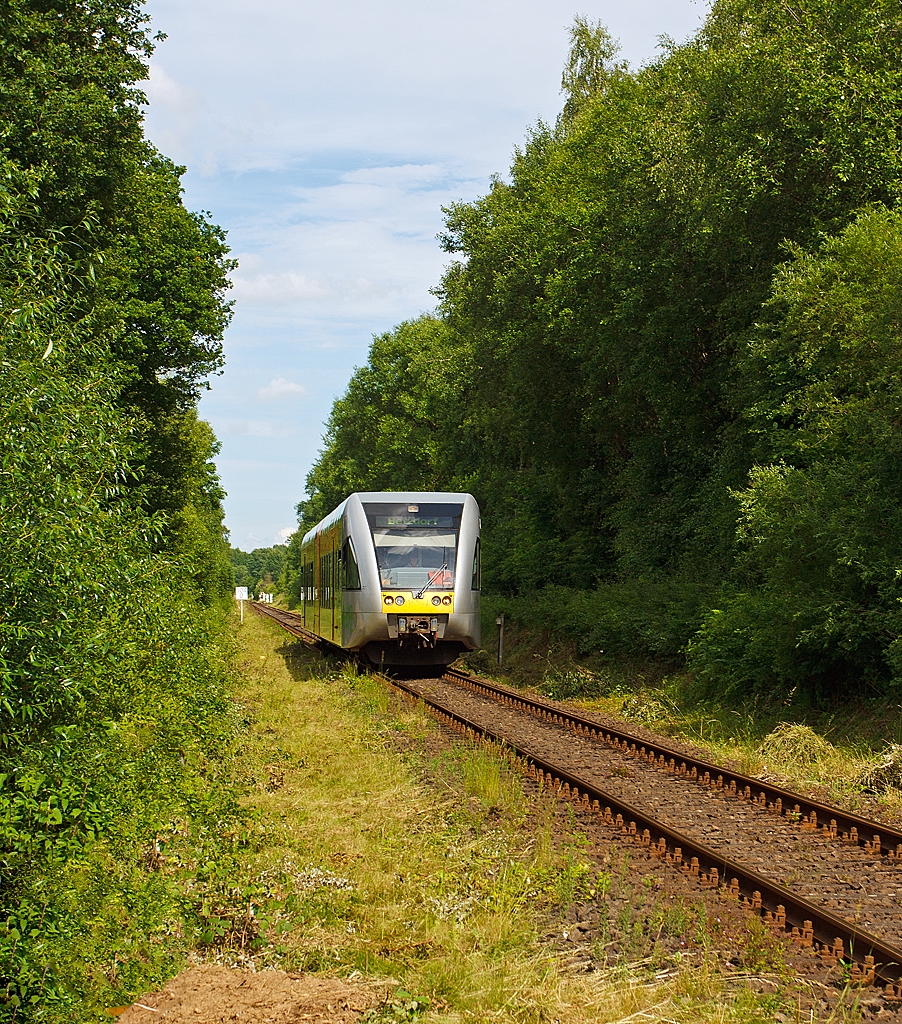 Durch die gr�ne H�lle an der Heller f�hrt am 01.07.2013 ein Stadler GTW 2/6 der Hellertalbahn als RB 96 (Hellertalbahn) Dillenburg-Haiger-Burbach-Neunkirchen-Herdorf-Betzdorf/Sieg, �ber die gleichnamentliche Strecke Hellertalbahn (KBS 462), hier bei Km 104,0 zwischen W�rgendorf und Burbach. 
Die  36,4 km lange Strecke Hellertalbahn (KBS 462) zwischen Betzdorf/Sieg und Haiger geh�rt zu den sch�nen Strecken in Deutschland und verl�uft durch drei Bundesl�nder Rheinland-Pfalz, Nordrhein-Westfalen und Hessen, heute ist sie nur noch eine eingleisige Hauptbahn. 
Im Jahre 1965 erfolgte die Stilllegung des zweiten Gleises im Bereich Herdorf-Haiger und 1987 wurde das zweite Gleis auf dem Abschnitt Betzdorf–Herdorf stillgelegt.
Die Streckenkilometer werden von K�ln-Deutz aus gerechnet, da die Hellertalbahn als Teil der Deutz-Gie�ener Eisenbahn gebaut wurde, die in den Jahren 1859 bis 1862 als zweigleisige Hauptbahn von K�ln-Deutz nach Gie�en in mehreren Etappen durch die C�ln-Mindener Eisenbahn errichtet wurde.