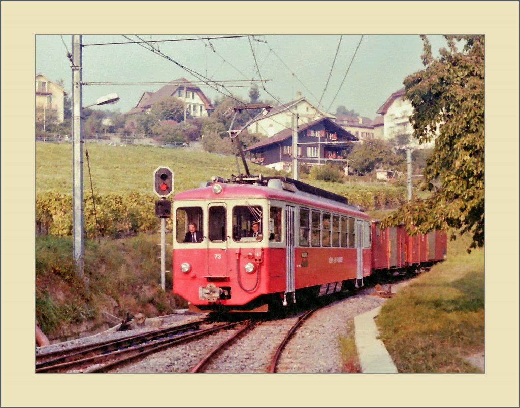 Jeweils am Nachmittag gegen drei wurden die morgens gegen zehn nach Blonay gebrachten Wagen wieder nach Vevey zur�ckgefahren, hier erreicht der BDeh 2/4 73 mit zwei Gk St-L�gier Gare. 
Gescanntes Negativ/Oktober 1985