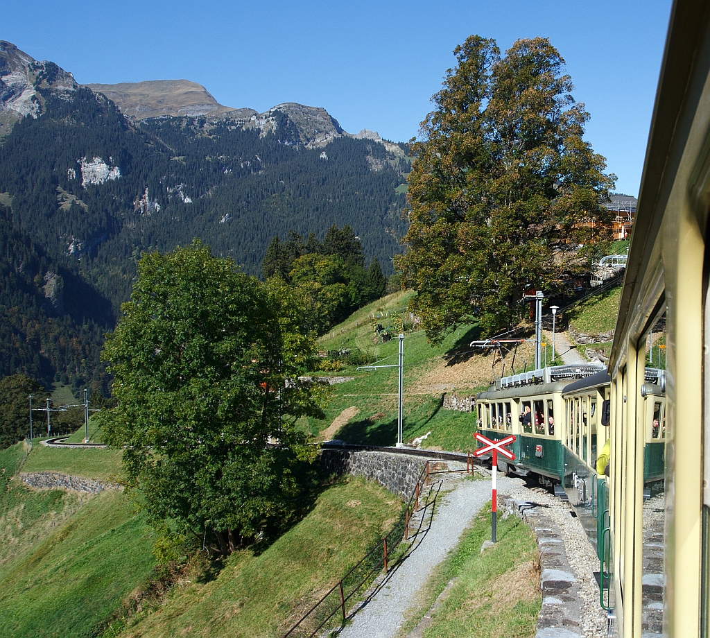 Mit der l�ngsten durchgehende Zahnradbahn der Welt, auch eine der sch�nsten, unterwegs: Mit einem Triebzug der Wengernalpbahn (WAB) am 02.10.2011 zwischen Lauterbrunnen und Kleine Scheidegg, hier kurz vor Wengen.