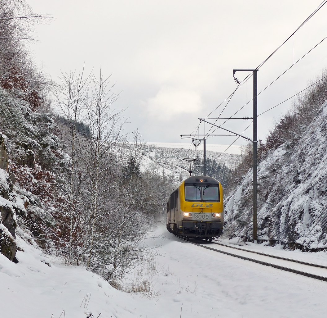 . Am 02.02.2015 zog die 3009 den IC 113 Luxembourg - Liers durch das tief verschneite Tal der Woltz in der N�he von Maulusm�hle. (Jeanny)