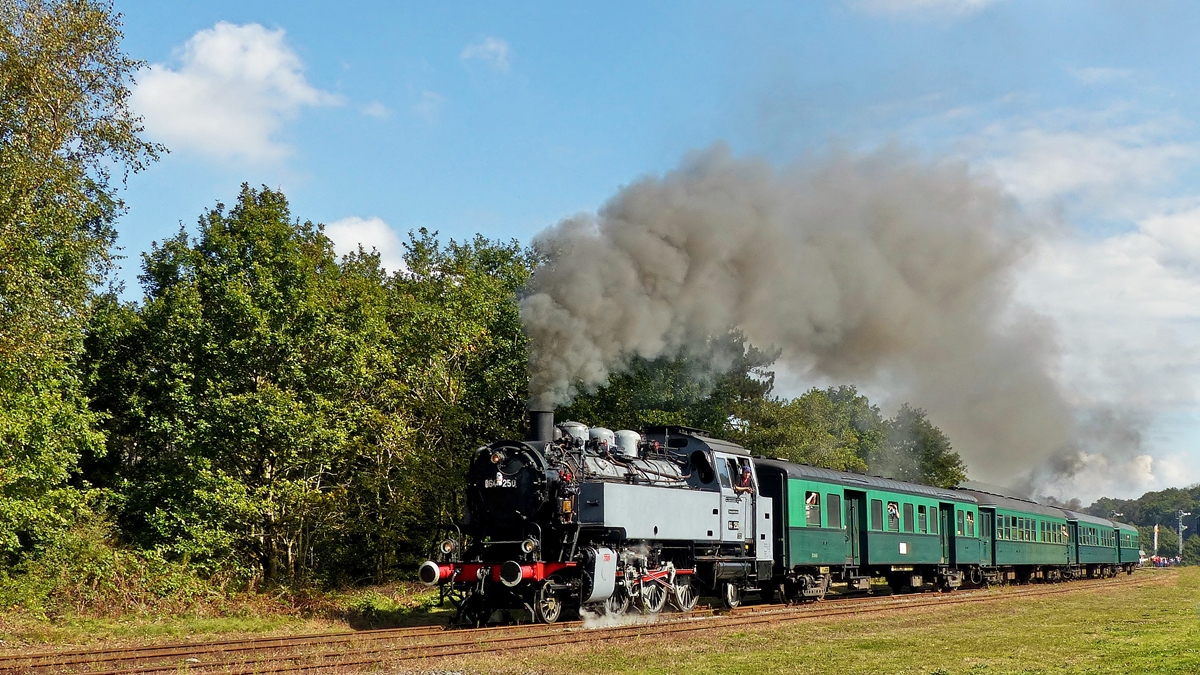 . Die Dampflok 64 250 der Museumsbahn CFV3V (Chemin de Fer � Vapeur des 3 Vall�es) zieht am 27.09.2014 ihren Zug aus dem Bahnhof von Treignes. (Jeanny)

Weitere Information zur 64 250 findet man hier: 
http://hellertal.startbilder.de/bild/belgien~museumsbahnen-und-vereine~cfv3v-chemin-de-fer-a-vapeur-des-trois-vallees/174395/-die-dampflok-64250-kommt-am.html