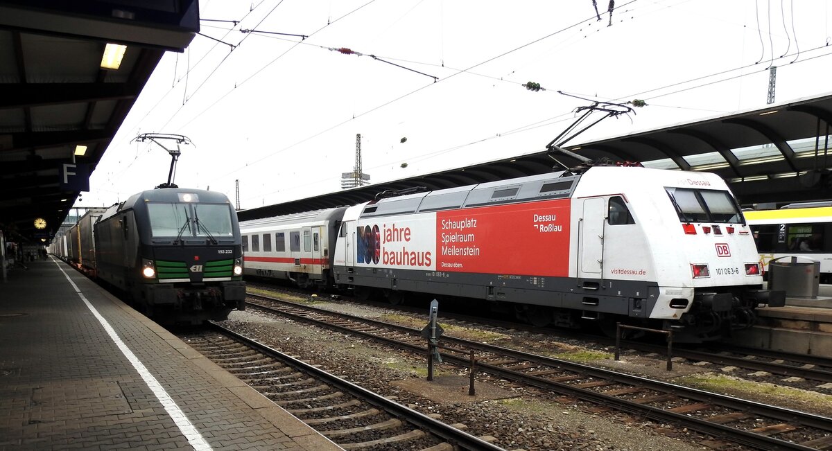 101 063-6 mit IC und Werbung 100 Jahre Bauhaus und CTL 193 233 in Ulm am 01.11.2019.