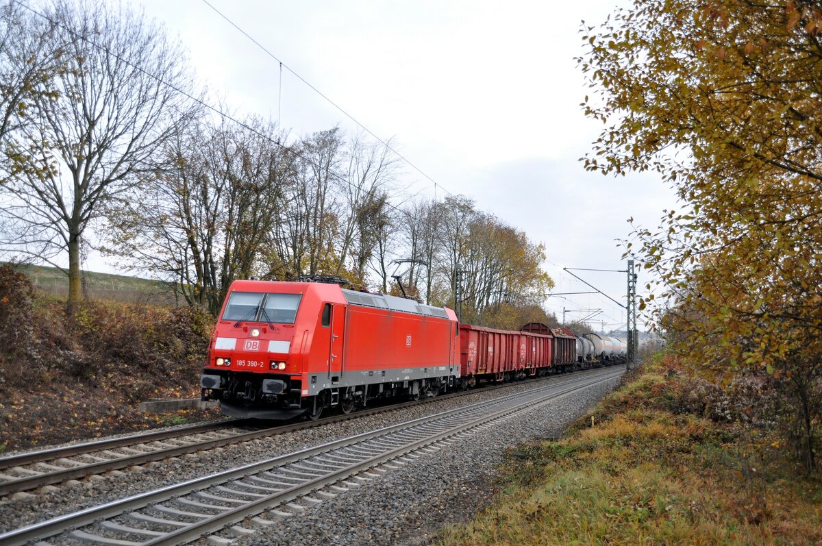 185 390-2 mit gemischtem Güterzug im Örlinger Tal am 03.11.2010.