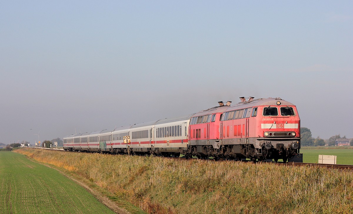 218 825-8(REV/HB X/10.08.15) und die Karlsruher 218 208-7(REV/MMF/22.02.18) mit dem IC 2375 aufgenommen am B� Triangel kurz vor Nieb�ll. 10.10.18