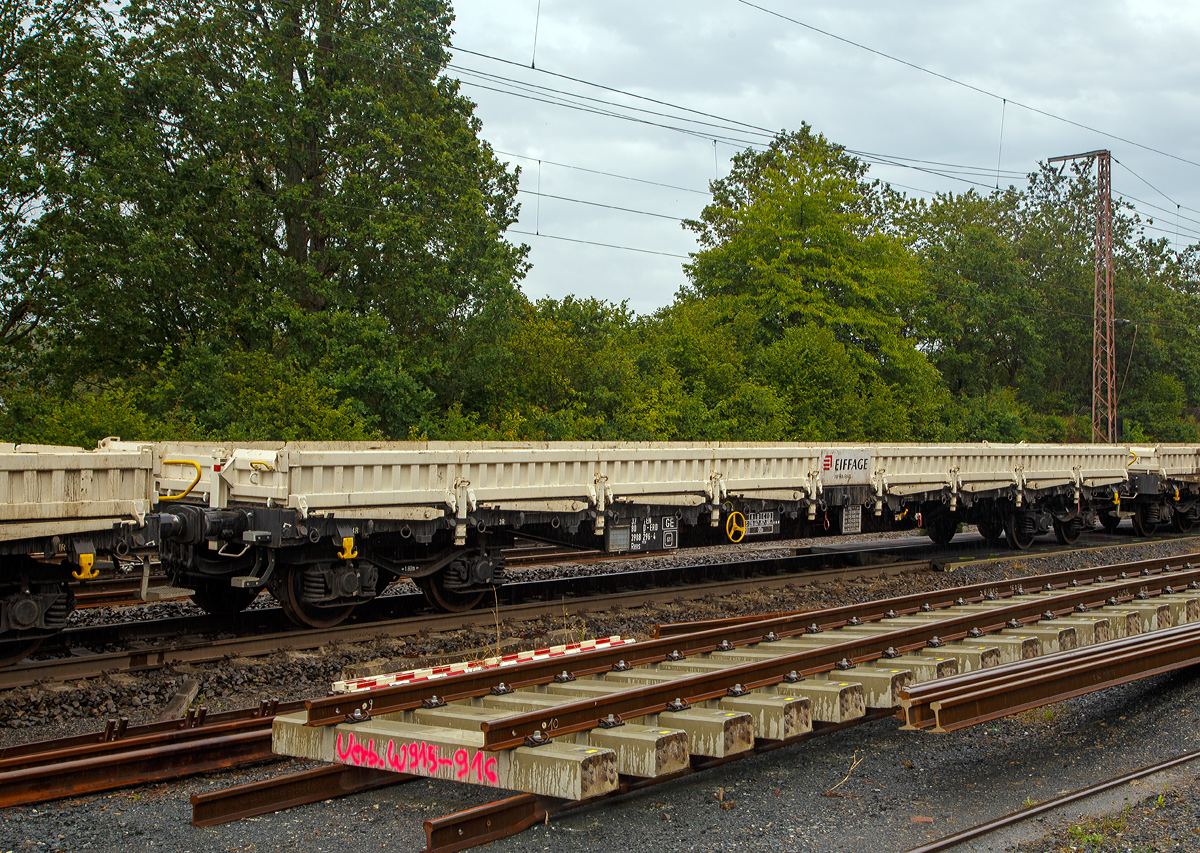 4-achsiger Drehgestellflachwagen, mit Stahlboden, Seiten-, Stirnwandklappen und mit UIC-Drehrungen, TEN 37 80 3988 296-4 D-ERD, Gattung Rens 192 B, der Eiffage Infra- Rail, am 18.08.2019 im Zugverband in Wilnsdorf-Rudersdorf.

TECHNISCHE DATEN:
Spurweite: 1.435 mm (Normalspur)
Gattung/Bauart: Rens – Bauart 192 B
Anzahl der Achsen: 4 in 2 Drehgestellen
L�nge �ber Puffer: 19.900 mm
Drehzapfenabstand:  14.860 mm
Achsabstand in den Drehgestellen: 1.800 mm
Eigengewicht: 24.900 kg
Ladel�nge: 18.400 mm
Ladebreite: 2.650 mm
Ladefl�che: 49,0 m�
Maximale Ladegewicht: 65,1 t (Streckenklasse D)
H�chstgeschwindigkeit: 100 km/h (beladen) / 120 km/h (leer)
Kleinster befahrbarer Gleisbogenhalbmesser: 35 m
Feststellbremse: ja
Bauart der Bremse: KE – GP – A (K) – 12”
Besonderheiten: Boden aus 8 mm Stahlblech 
Intern. Verwendungsf�higkeit:  TEN
