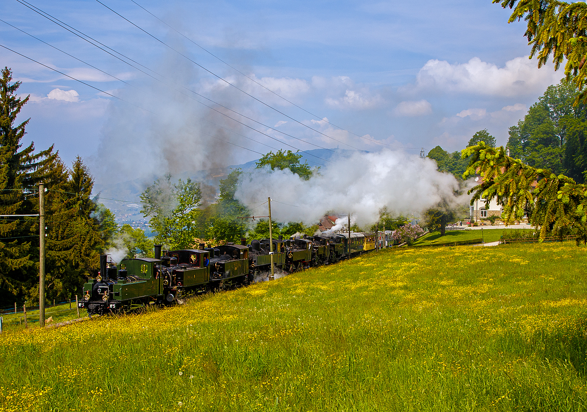 
50 Jahre BC - MEGA STEAM FESTIVAL der Museumsbahn Blonay–Chamby: Ein Höhepunkt war am Samstag (19.05.2018) der von gleich sieben Dampfloks gezogene Zug von Blonay nach Chamby, der hier nun bald Chamby erreicht. 

Die Loks (von vorne nach hinten) waren hier, 
- die G 3/3 LEB N° 5 (Bj. 1890), erhalten Sammlung B-C;  
- die G 3/3 BAM N° 6, teilw. auch als JS N° 909 beschildert (Bj. 1901), erhalten Sammlung B-C; 
- die G 3/4 SBB 208 (Bj. 1913) der Brünig Tallinie, erhalten durch die Ballenberg Dampfbahn;
- die G 2x 2/2 Malletdampflok CP  E 164 (Bj. 1905), ex Caminhos de Ferro de Portugal, erhalten durch La Traction SA; 
- die G 2x 2/2 Malletdampflok SEG 105  Todtnau  (Bj. 1918), erhalten Sammlung B-C; 
- die HG 3/4 - FO 4 (Bj. 1913), Furka-Oberalp-Bahn, erhalten durch die Dampfbahn Furka Bergstrecke, 
- sowie die HG 3/4 BFD N° 3, (Bj. 1913) ex Brig-Furka-Disentis (BFD), später FO, erhalten Sammlung B-C

Aber wie es Stefan schon schrieb, wären mir auch Züge mit einzelnen Dampfloks in kurzer Abfolge lieber gewesen.  
Auch wenn alle Loks unter Dampf standen, stellt sich mir die Frage ob alle gearbeitet haben. Denn das ist die hohe Kunst, sieben Loks in einen Gleichlauf zu bekommen und zu halten.   

Aber beeindrucken war es auf alle Fälle!!!