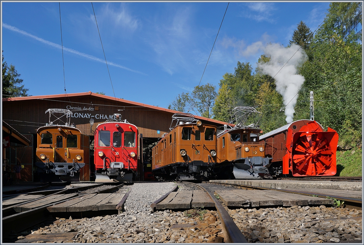 50 Jahre Blonay Chamby - MEGA BERNINA FESTIVAL: Unter dem Titel  Aligenment  fand in Chaulin eine Aufstellung der Bernina Fahrzeuge statt. Von links nach rechts: Die Rhb Ge 2/2 161 Asnin (Eselchen), der Rhb Bernina ABe 4/4 N� 35, die Bernina Bahn BB Ge 4/4 81 (ex BB Ge 6/6 81 bzw. ab 1929 Ge 4/4 81, sp�ter RhB Ge 4/4 181) mit dem Revisionsdatum 7.9.18, das Bernina Krokodil Ge 4/4 182 und die Dampfschneeschlauder Xrot D 9214 (bzw. 1052)

8. September 2018