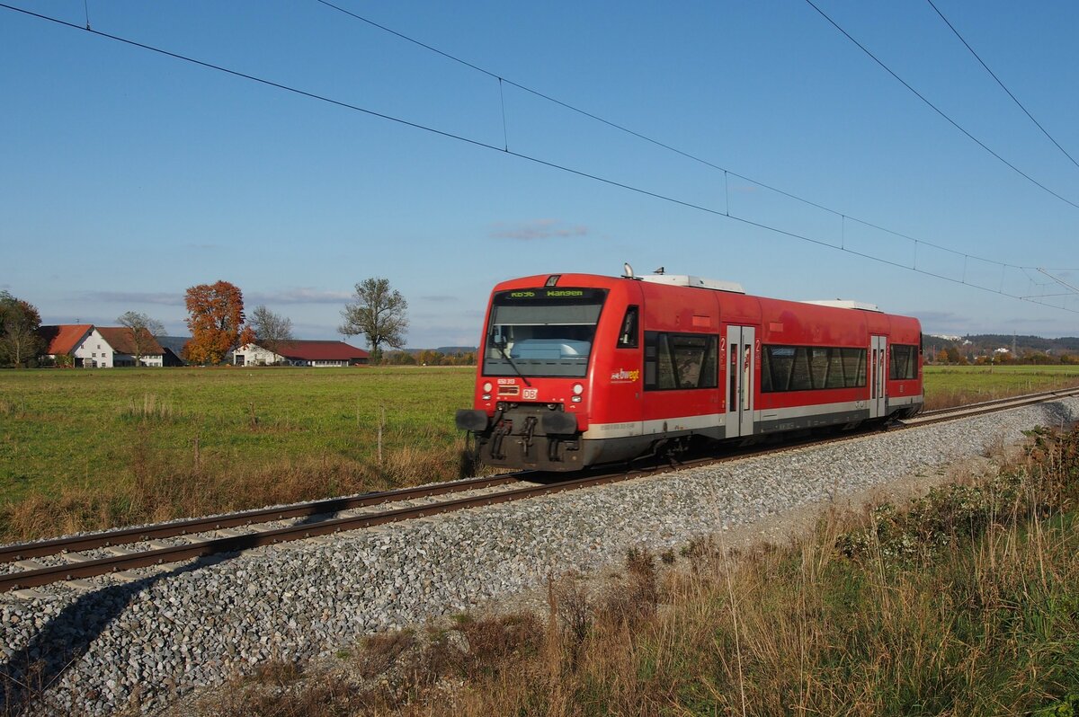 650 313-5 bei Lathkirch mit RB 96 nach Wangen am 23.10.2021.