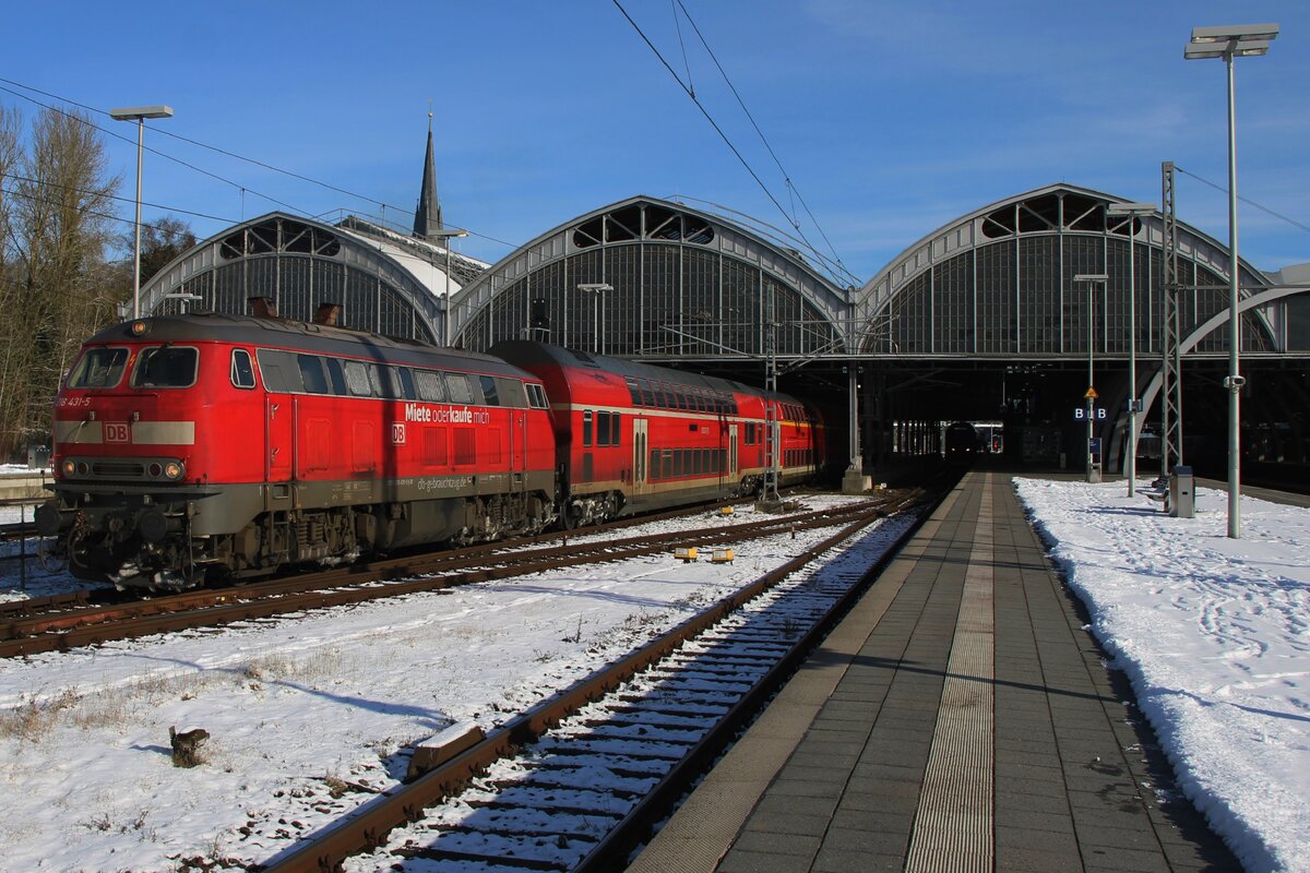 Am 15 Februar 2026 verlasst 218 431 mit der RE nach Bad Kleinen L�beck Hbf und sind die REs nach Bad Kleinen noch fest in der Hand der 218er. Vier Tage sp�ter sind etwa 2/3 dieser RE von Dieseltriebz�ge �bernommen.