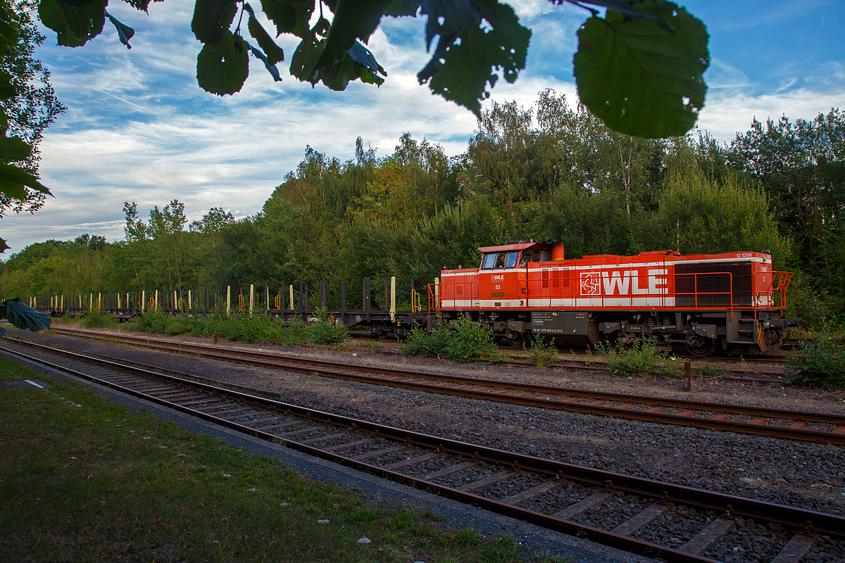
Am frühen Abend ist sie dann in Herdorf: Die WLE 53  Kreis Soest  (92 80 1275 505-6 D-WLE), eine MaK G 1206 der Westfälische Landes-Eisenbahn GmbH aus Lippstadt, steht am 20.08.2020 mit ihrem leeren Güterzug (Schwerlastwagen) im Bahnhof Herdorf, wo sie Hp 0 hat und die RB 96 der HLB abwarten muss. 