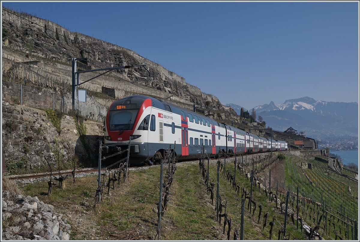 Auch die RABe 511 liefen im RE/IR Umleitungsverkehr mit. Im Bild der SBB RABe 511 026 als IR 30719 auf der Fahrt von Genève Aérport nach Brig zwischen Chexbres und Vevey oberhalb von St-Saphorin. 

20. März 2022