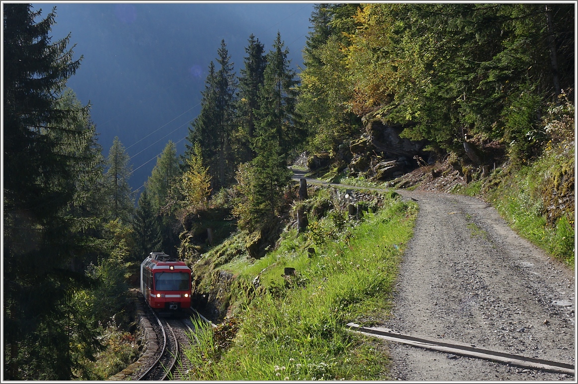Begegnung beim wandern mit einem TMR Regionalzug zwischen Finhaut und Le Trétien.
(03.10.2014)