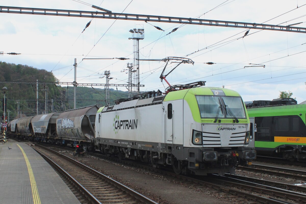 Captrain 193 784 zieht ein Getreidezug durch Decin hl.n. am 9 Mai 2024.