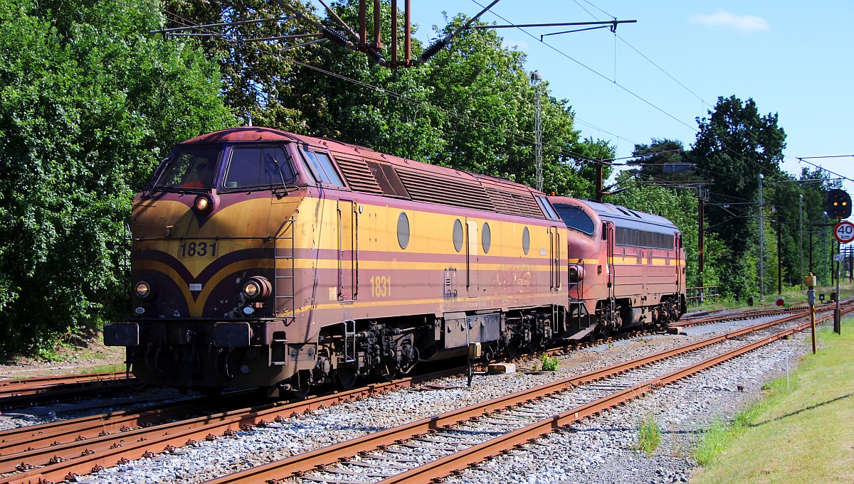 CFL 1831 und MY 1146 haben kurz zuvor einen Spitzke Bauzug in Pattburg angeliefert und sind hier auf dem Weg zur Tankstelle. Pattburg/DK 13.07.2022