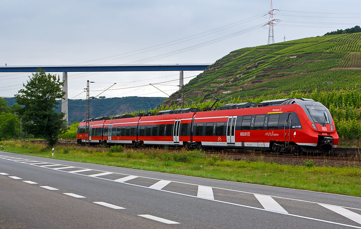 
Das passt ja, der vierteilige Hamster  Winningen  (Bombardier Talent 2) 442 708 / 442 208 fährt am 20.06.2014 bei Winningen (Mosel), als RB 81  Moseltal-Bahn  (Koblenz – Cochem – Wittlich – Trier), in Richtung Trier. Im Hintergrund die Moseltalbrücke (der A 61).