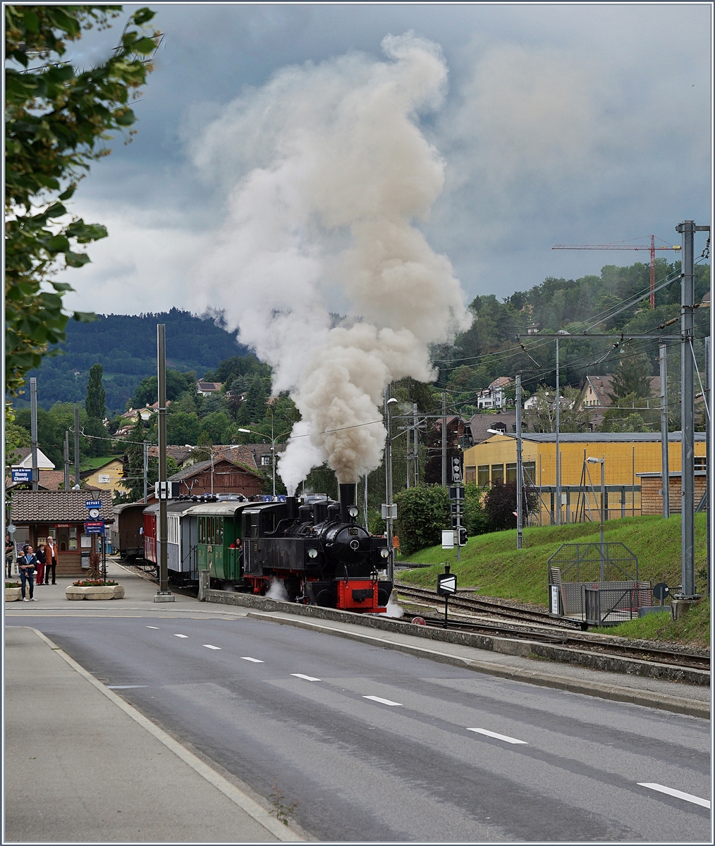 Das Wetter lockte kaum, aber kalte Luft ergab dann doch einen wunderschöne Dampffahne, als die G 2x 2/2 105 mit ihrem Personenzug Blonay verliess.  

14. Juni 2020