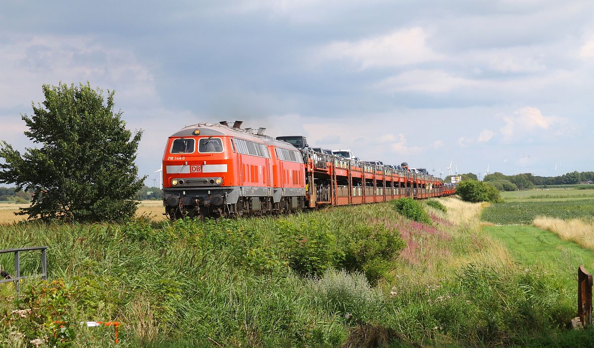 DB 218 344 + 218 832 passieren mit ihrem Autozug nach Sylt den Bü Triangel, 28.07.2023