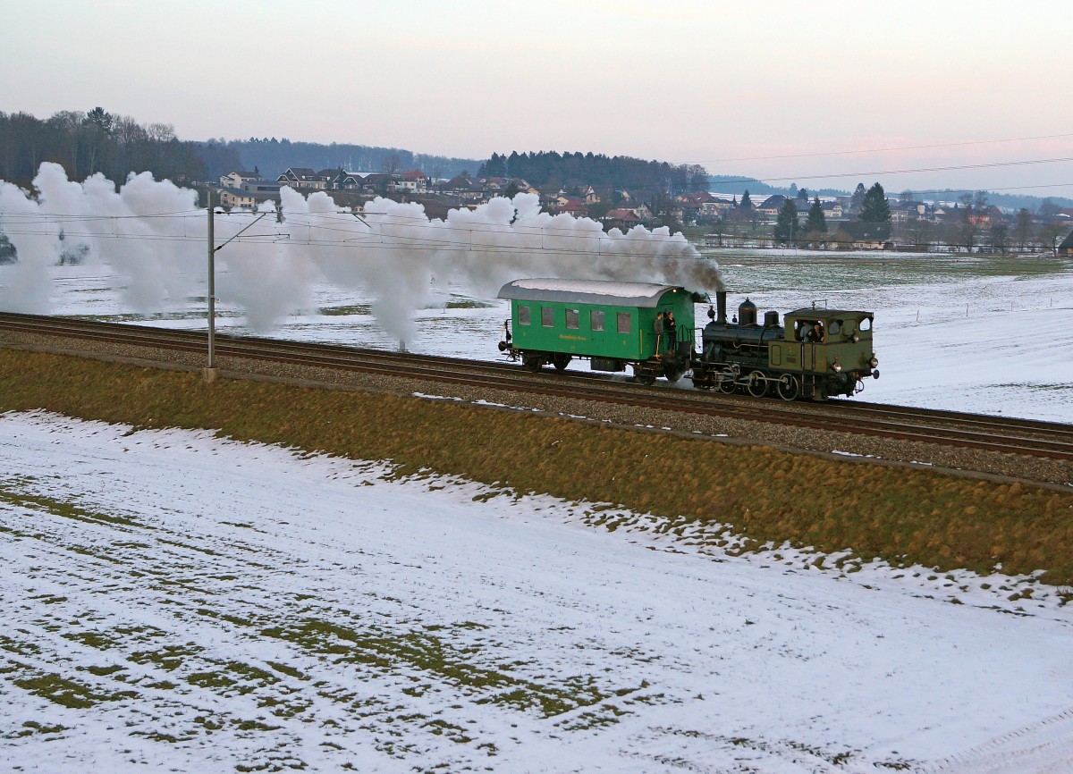 DBB: Dampffahrt mit GTB 3 und C2 vom 14. Februar 2015 auf dem alten Stammstreckenabschnitt Herzogenbuchsee-Burgdorf.
Foto: Walter Ruetsch