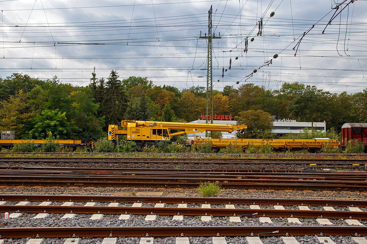 Der 125t Gleisbauschienenkran KIROW Multi Tasker KRC 810 T der Hering Bau (Burbach), Schweres Nebenfahrzeug Nr. D-HGUI 99 80 9419 000-1, ist am 04.09.2020 in Koblenz-Lützel abgestellt. (Aufnahme aus dem DB Museum heraus).

Der 125-t-Eisenbahndrehkran wird für den Aus-und Einbau von schweren Betonweichen, Gleisjochen und Hilfsbrücken sowie für die Montage von Ingenieurbauwerken eingesetzt. Bei Havarien auf Bahnstrecken leistet er schnelle Hilfe zum Bergen schwerer Lasten.

Technische Daten
Eigengewicht: 128 t
Länge über Puffer: 13.000 mm
Achsanzahl: 8
Drehzapfenabstand: 8.000 mm
Drehzapfenabstand im Drehgestell 1 und 2: 2.300 mm
Achsabstand in den Einzeldrehgestellen: 1.100mm
Ergebene Achsabstände in m: 1,1 / 1,2 / 1,1/ 4,6 / 1,1 / 1,2 / 1,1
Achsfolge: 1'A'1A'A1'A1'
Treib- und Laufdurchmesser 730 (680) mm
Achslast: 16,0 t
Dieselmotor: wassergekühlter 6-Zylinder -Reihenmotor mit Abgasturboaufladung und Ladeluftkühlung vom Typ Cummins M 11 – C 315
Not-Dieselmotor: Typ Hatz 2 G 40 mit 11,5 kW Leistung
Zugelassen als Schwerwagen für Streckenklasse: CS 05
kleinster befahrbarer Radius: 80 m

Tragfähigkeiten:
bei 0,00 m Ausladung vor Puffer: 90 t (mit Schwerlastausrüstung 125 t)
bei 2,80 m Ausladung vor Puffer, ± 30°, abgestützt: 90 t
bei 2,80 m Ausladung vor Puffer, ± 20°, freistehend: 46 t 