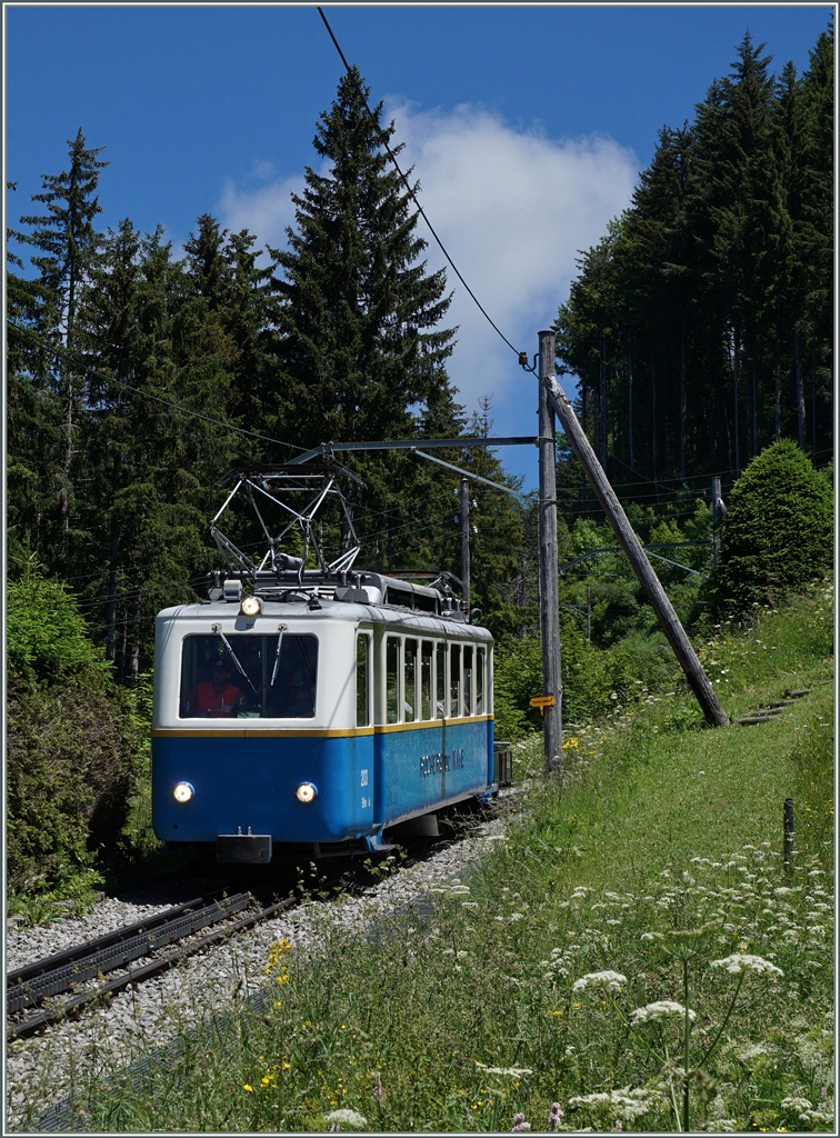 Der Bhe 2/4 203 auf Talfahrt kurz vor Crêt-d'y-Bau.
3. Juli 2016