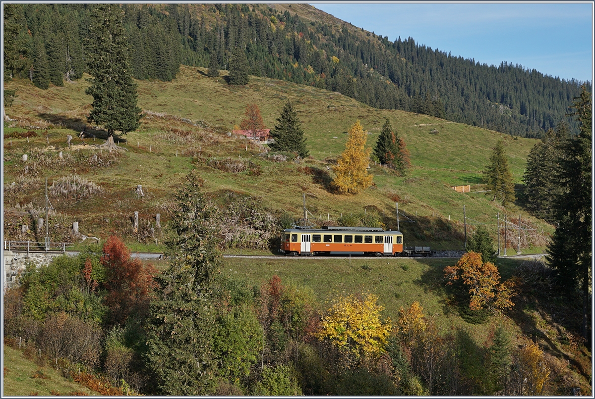 Der BLM Be 31 Lisi ist in der schönen Herbstlandschaft zwischen Grütschalp und Winteregg Richtung Mürren unterwegs.

16.10.2018