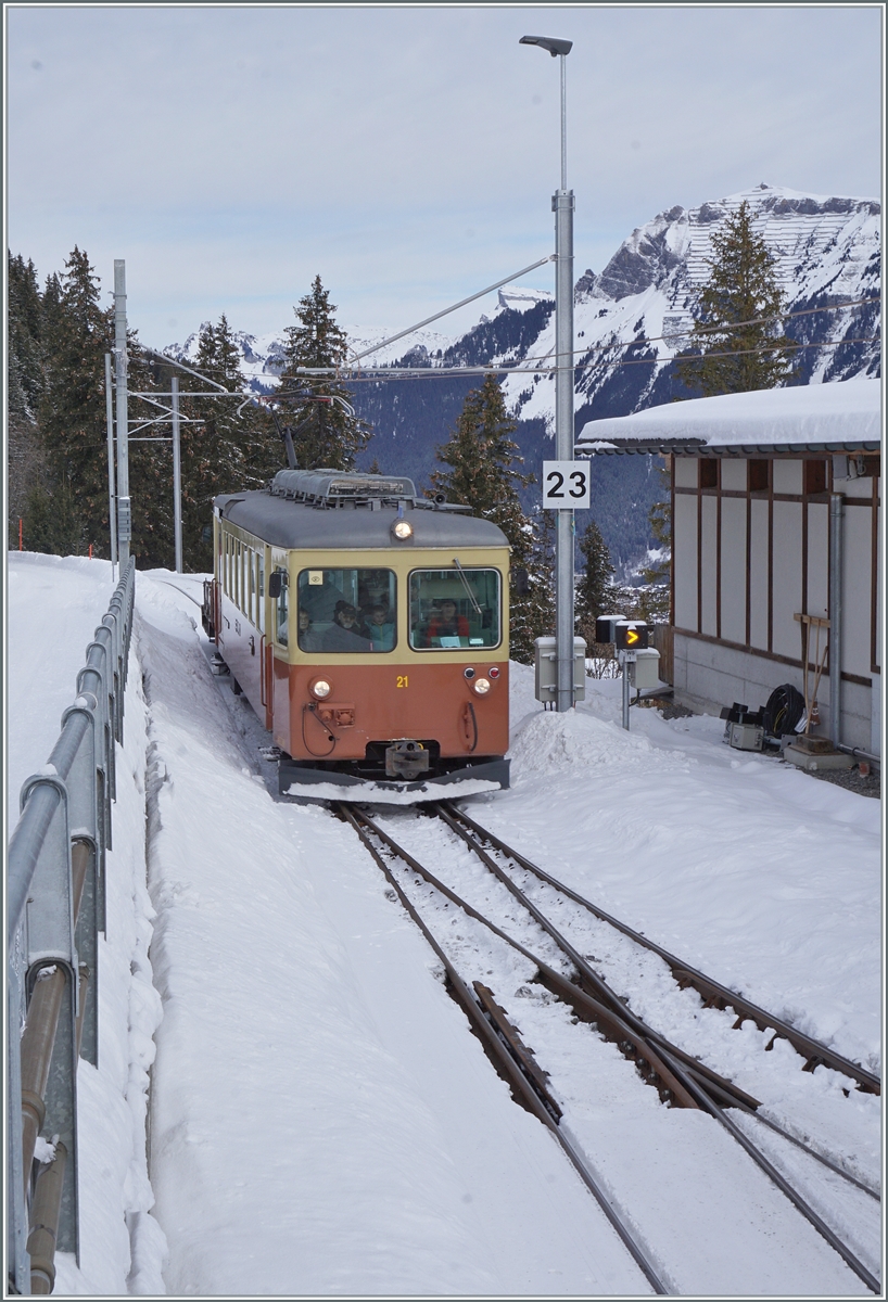 Der BLM Be 4/4 N° 21 bei der Einfahrt in Mürren. 
16. Jan. 2024