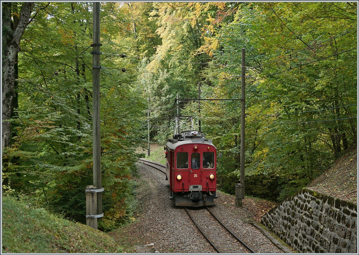 Der Blonay-Chamby Bernina Bahn ABe 4/4 I N° 35 auf seiner Fahrt nach Chaulin im Wald kurz vor dem Baye de Clarens Viadukt.

18. Okt. 2020
