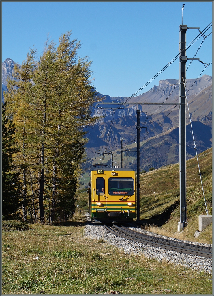 Der etwas kantige Steuerwagen will nicht so ganz in die herrliche Landschaft passen...
Zwischen der Wengeralp und der Kleinen Scheidegg, am 9. Okt. 2014)