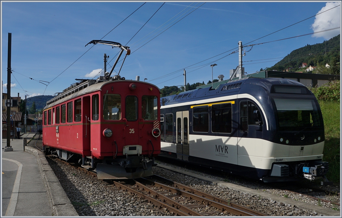 Der Rh.B. ABe I 4/4 35 in Blonay bei der B-C. 
1. Aug. 2016