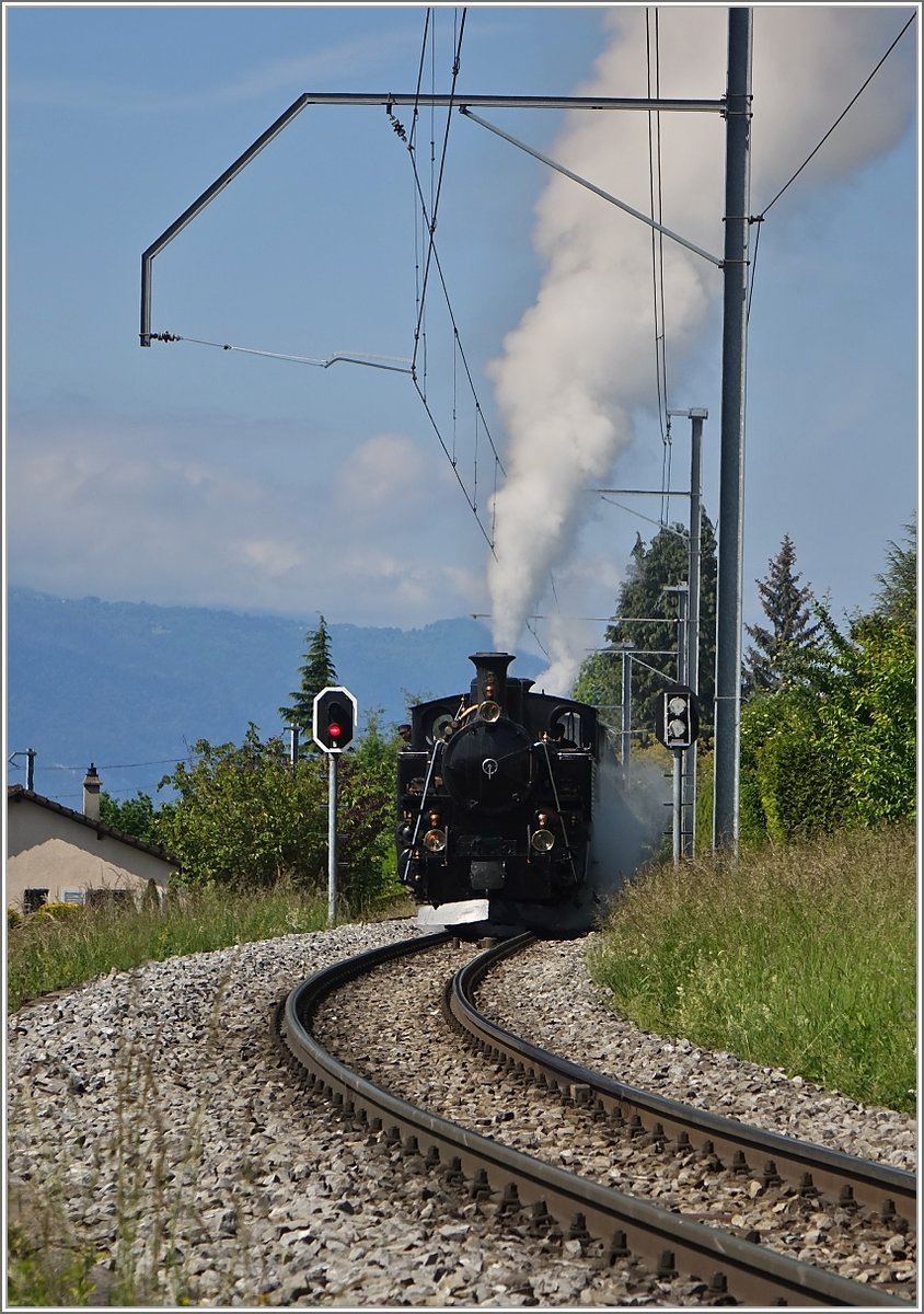 Die BFD HG 3/4 NR.3 fährt nach einem Signalhalt beim Château d'Hauteville weiter nach Blonay.
(20.05.2018)