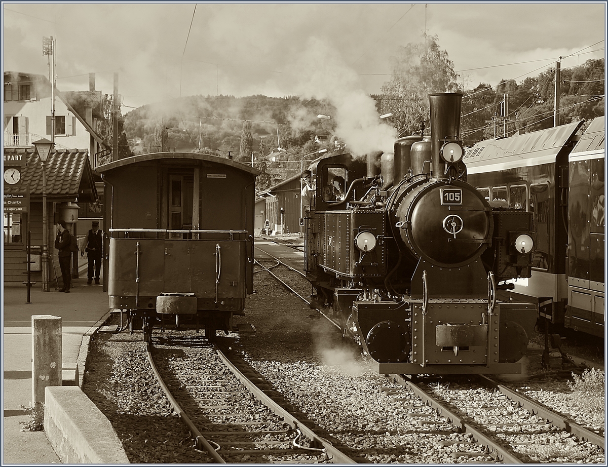 Die Blonay-Chamby G 2x 2/2 105 rangiert in Blonay.

5. Okt. 2019