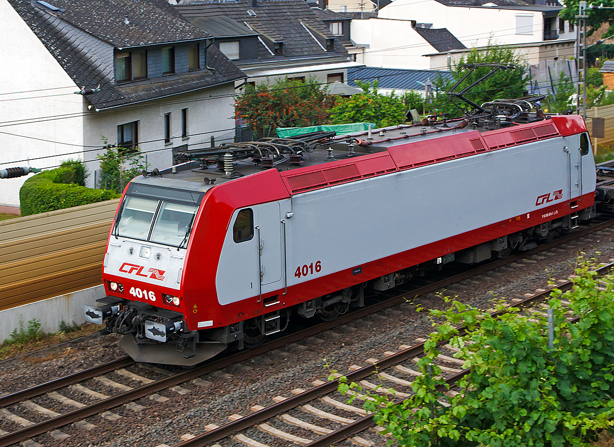 
Die CFL 4016 fährt am 21.06.2014 mit einem Taschenwagenzug durch Hatzenport in Richtung Koblenz. 

Die TRAXX P140AC1 (modifizierte DB BR 185.1, eine Kombination für den Personen- und Frachtdienst) wurde 2005 von Bombardier in Kassel unter der Fabriknummer 33715 gebaut und an die CFL geliefert.  Sie hat die NVR-Nummer 91 82 000 4016-3 L-CFL und die EBA-Nummer EBA 99A22L 016. 
Gut zusehen sind auch hier die vier Stromabnehmer, denn die Loks sind zweisystemfähig (25 kV, 50 Hz; 15 kV, 16,7 Hz).
