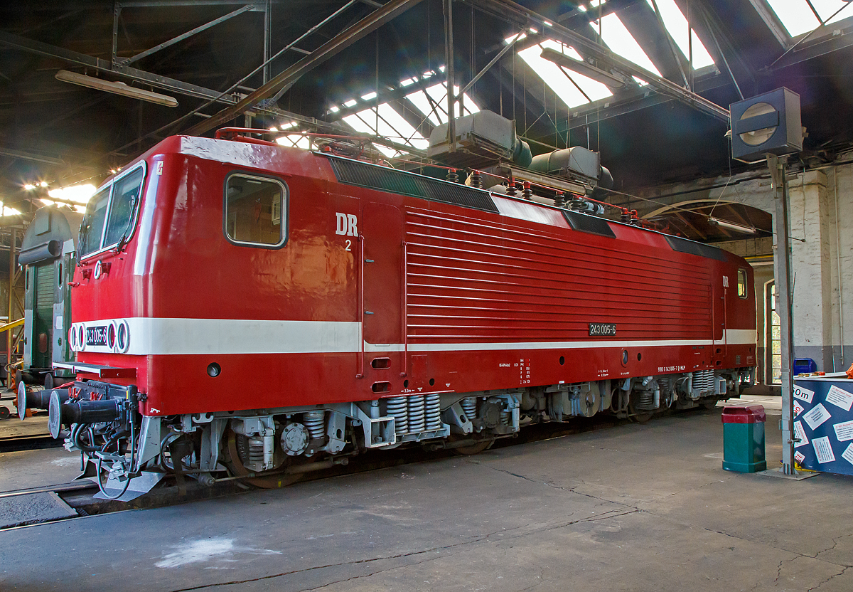
Die ex DR 243 005-6 (91 80 6143 005-7 D-HLP), ex DB 143 005-7, am 30.10.2016 im Siegener Ringlokschuppen des Südwestfälischen Eisenbahnmuseums in Siegen. Eigentümer der Lok ist das DB Museum Nürnberg, welches sie als Leihgabe an BSW-Gruppe Traditionsgemeinschaft Bw Halle P e. V. gegeben hat, die die Lok z.Z. betriebsfähig betreibt.

Die Lok wurde 1984 bei LEW (VEB Lokomotivbau Elektrotechnische Werke Hans Beimler Hennigsdorf) unter der Fabriknummer 18228 gebaut und als DR 243 005-6 an die Deutsche Reichsbahn geliefert, 1992 erfolgte die Umzeichnung in DR 143 005-7 und zum 01.01.1994 in DB 143 005-7. Bereits ab 2012 war die Lok als Leihgabe an DB Museum, Nürnberg (Außenstelle Halle (Saale) gegangen, aber die eigentliche Ausmusterung erfolgte erst 2015 bei der DB.