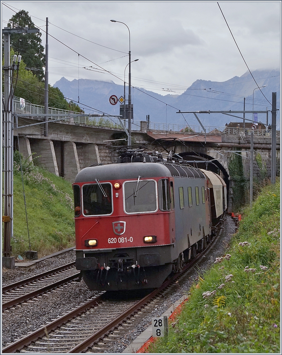 Die SBB Re 620 081-0 mit dem  Spagetti -Zug bei Villeneuve. 

5. Okt. 2019