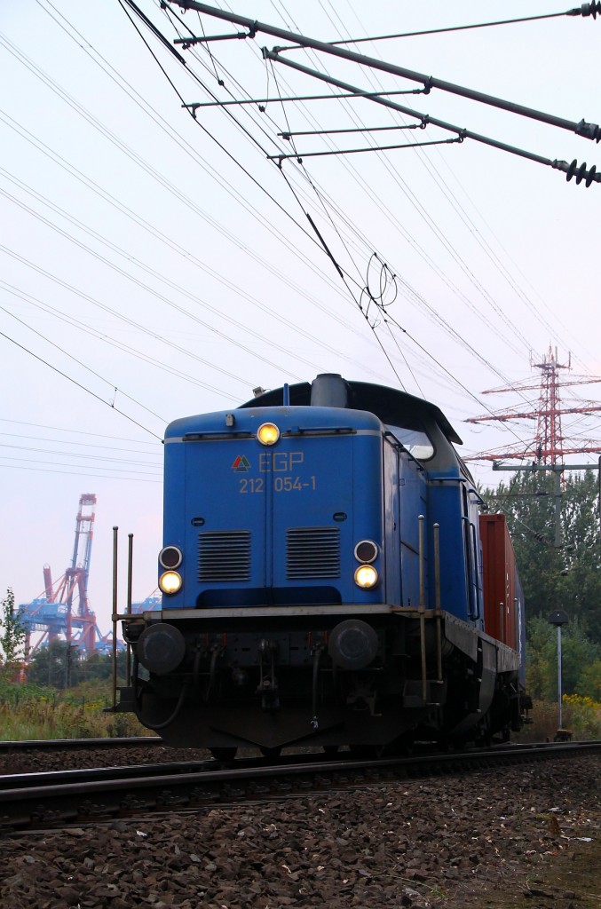 EGP 212 054-1 rangiert hier mit einem sehr langen Containerzug im Bereich Hamburg-Waltershof/Dradenau. 06.09.2014