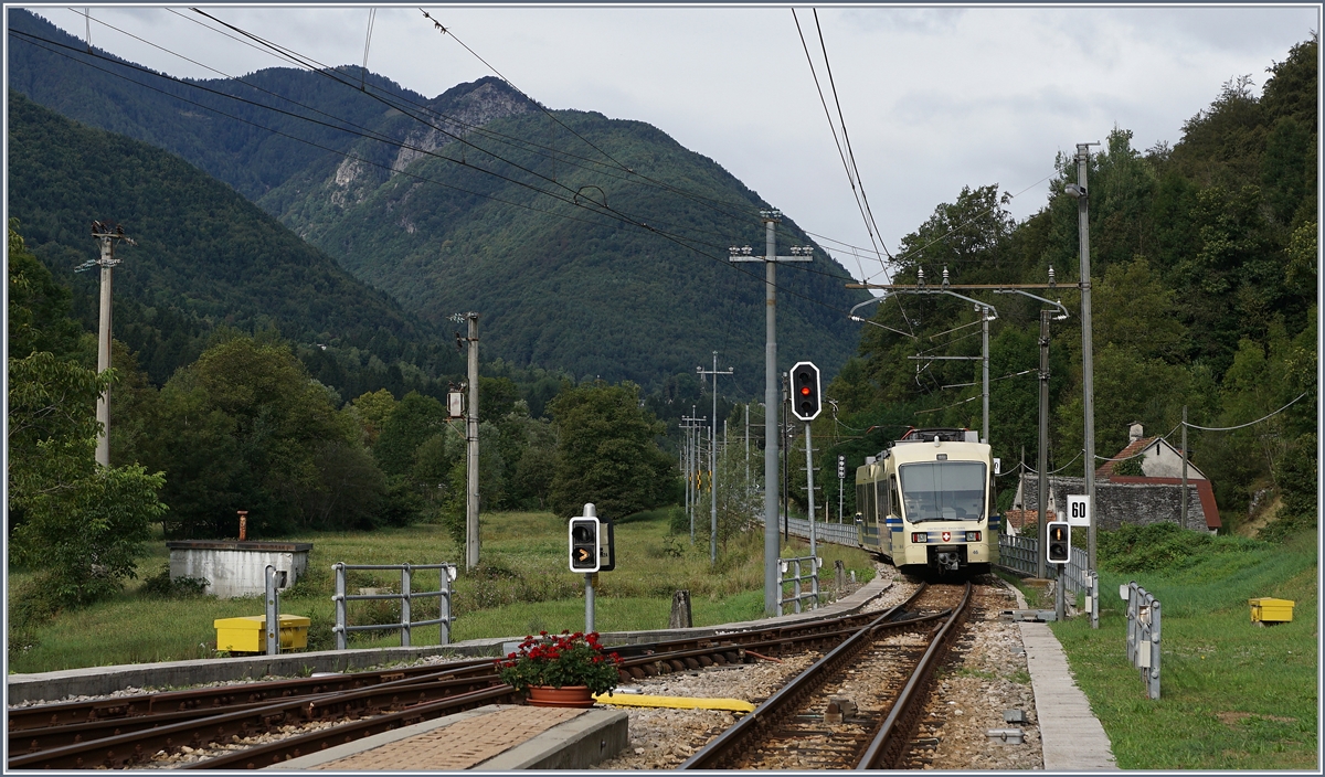 Ein FART Centovalli-Express verlässt Re Richtung Domodossola.
5. Sept. 2016