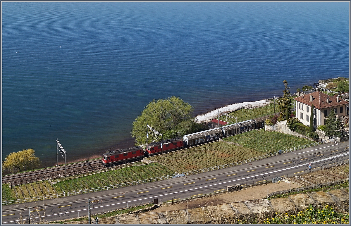 Ein Güterzug mit zwei Re 4/4 II auf der Fahrt durch Lavaux zwischen Epesses und Rivaz.

20. April 2018