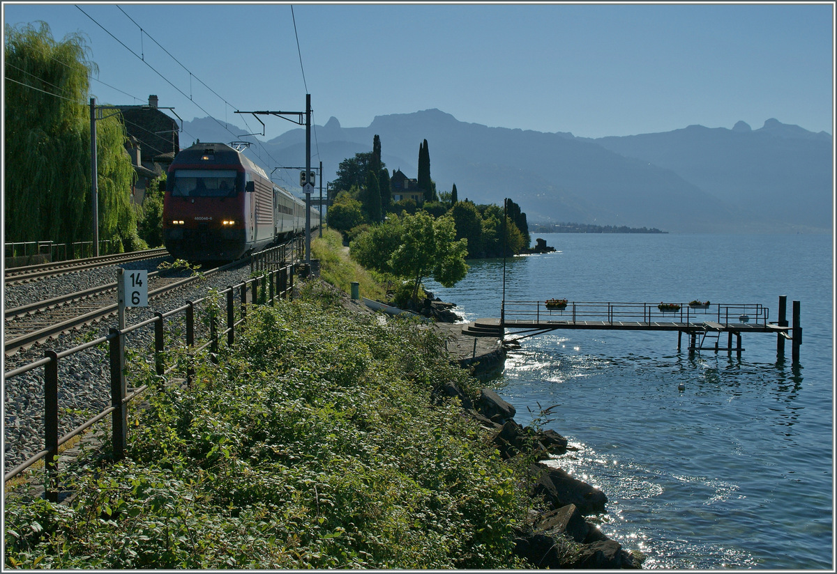Ein Versuch eines Gegenlichtbildes im Lavaux, wobei das Motiv, die Bahn eigentlich gar keines ist, da der Blick durch die Landschaft mit dem Kleinen See abgelenkt wird. 
St-Saphorin, den 3. Sept. 2013 