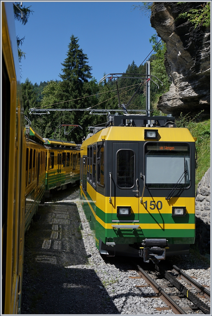 Eng an das steile Geläde geschmiegt, befindet sich oberhalb von Lauterbrunnen eine Kreuzungsstation, wo unser talwärts fahrender Zug den neuen Bhe 4/8 150 Panoramatriebzug kreuzt.
8. August 2016