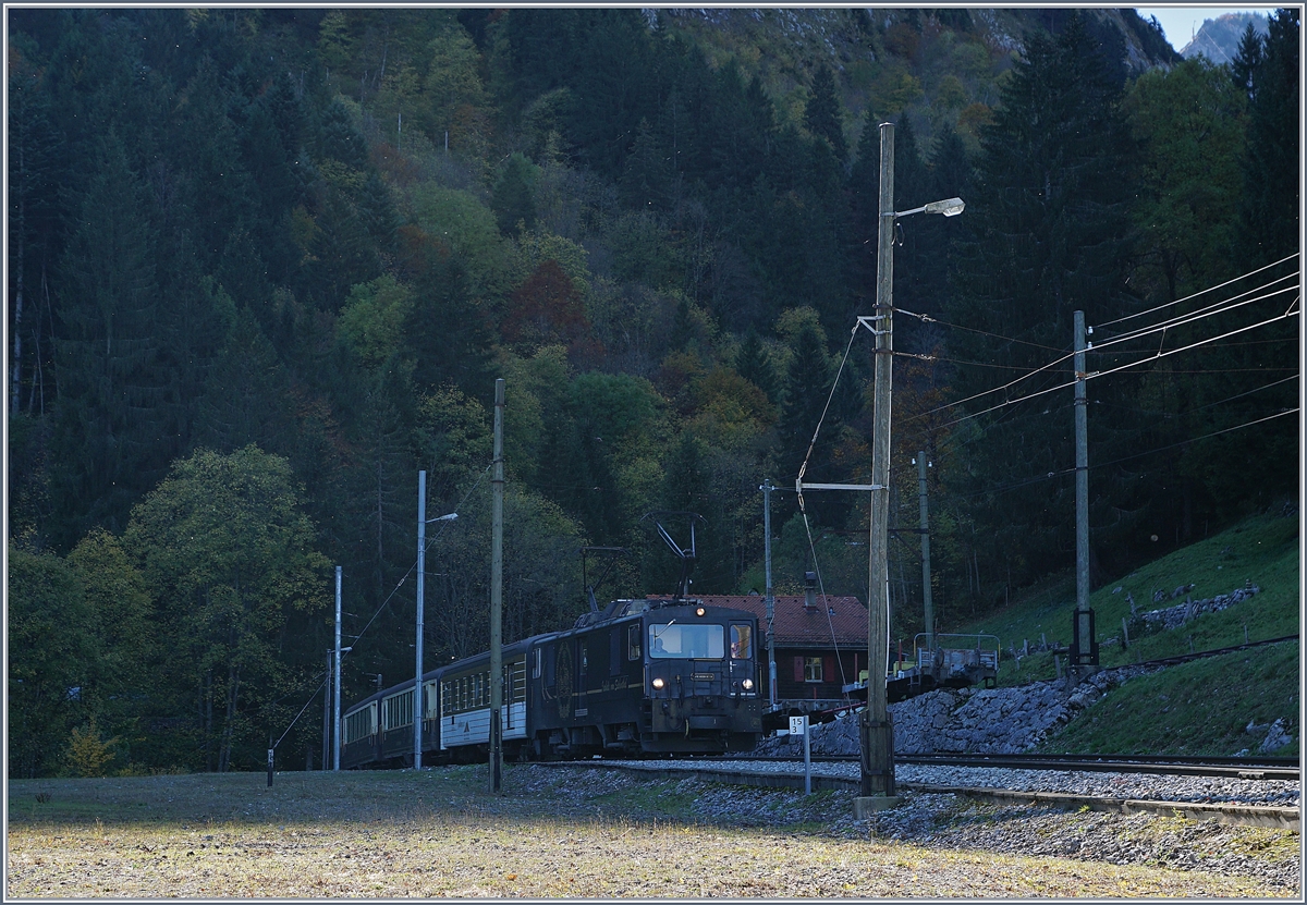 Fotografie ist ein Spiel mit Licht und Schatten - und hier habe ich das Spiel verloren. Oder doch nicht? Da im Gegenlicht, wollte ich den Zug möglichst von der Seite fotografieren. doch die hinter einem Berg verschwindende Sonne trieb mich Gelände bedingt immer weiter in einen Spitzen Winkel und der Zug wollte und wollte nicht kommen; und als er dann endlich kam, freute ich mich kaum über die schwarze Lok... Zuhause am PC endeckte ich dann doch eine gewissen Reiz des dunklen Bildes und so präsentiere ich hier: Eine GDe 4/4 mit ihrem MOB Belle Epoque Zug 3126 bei der Durchfahrt in Les Cases am 11. Oktober 2017