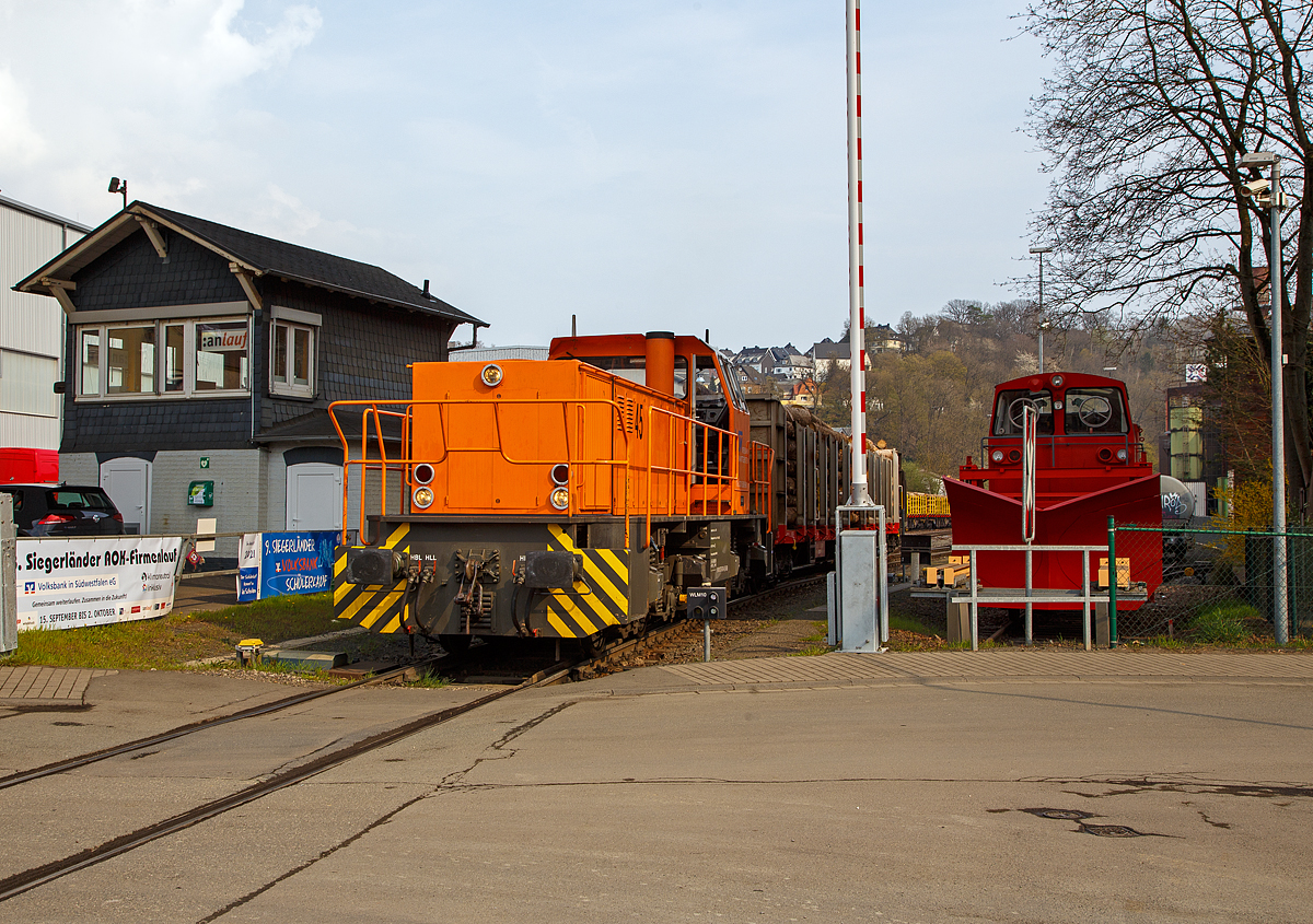Holztransport im Siegerland:
Gewaltige Forstschäden an dem kompletten Fichtenbestand durch den Borkenkäfer sind in der Region zu beobachten. Mit der Abholzung kommt man nicht hinterher. Hier in Siegen-Eintracht auf dem Betriebsgelände der KSW (Eisern-Siegener Eisenbahn NE 437) findet die Holzverladung der Region, von den LKW´s  auf die Schiene, statt. Nun (am 21.04.2021) sind die Wagen alle beladen und so stellen zwei Loks der Kreisbahn Siegen-Wittgenstein, die KSW 44 und 45, einen langen Holzzug zusammen.
Nun ist der Zug zusammengestellt, hier im Bild steht die KSW 45 (98 80 0276 016-9 D-KSW), eine MaK G 1204 BB, am Zuganfang. 

Ich musste weiter, eigentlich hatte ich nicht damit gerechnet den Zug nochmals zu sehen, aber manchmal kommt es anders als man denkt, wie die folgenden Bilder zeigen.
