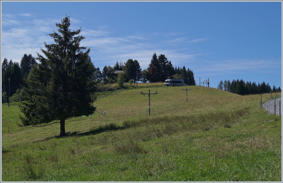 Kurz nach seiner Abfahrt in Les Pléiades zeigt sich der CEV Bhe 2/4  Astro Pléiades  im Gegenlicht auf der Fahrt Richtung Blonay.
27. August 2018    