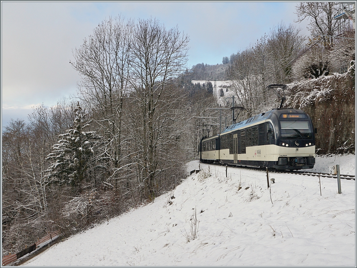 Kurz vor Les Avants ist der MOB Alpina Be 4/4 6204 mit einem B und dem ABe 4/4 9304 als Regionalzug von Montreux nach Zweisimmen unterwegs. 

2. Dezember 2020
