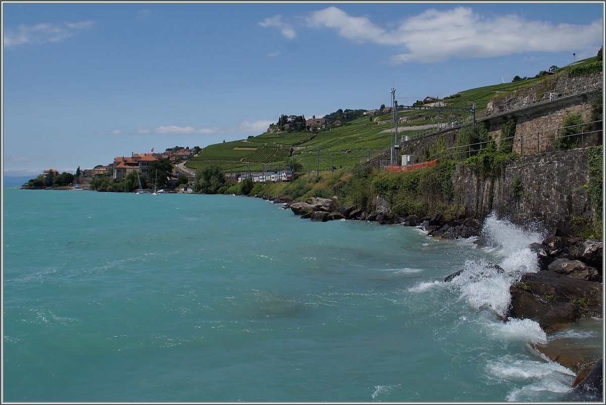Leider war der Rythmus zwischen dem vom Jorat gef�rbten und aufgew�hlten See und jener der Z�ge unstimmig, so dass keine bessers Bild  Zug mit Wellen  als dieses gelang.
Zwischen St-Saphorin und Rivaz, den 8. Juli 20105