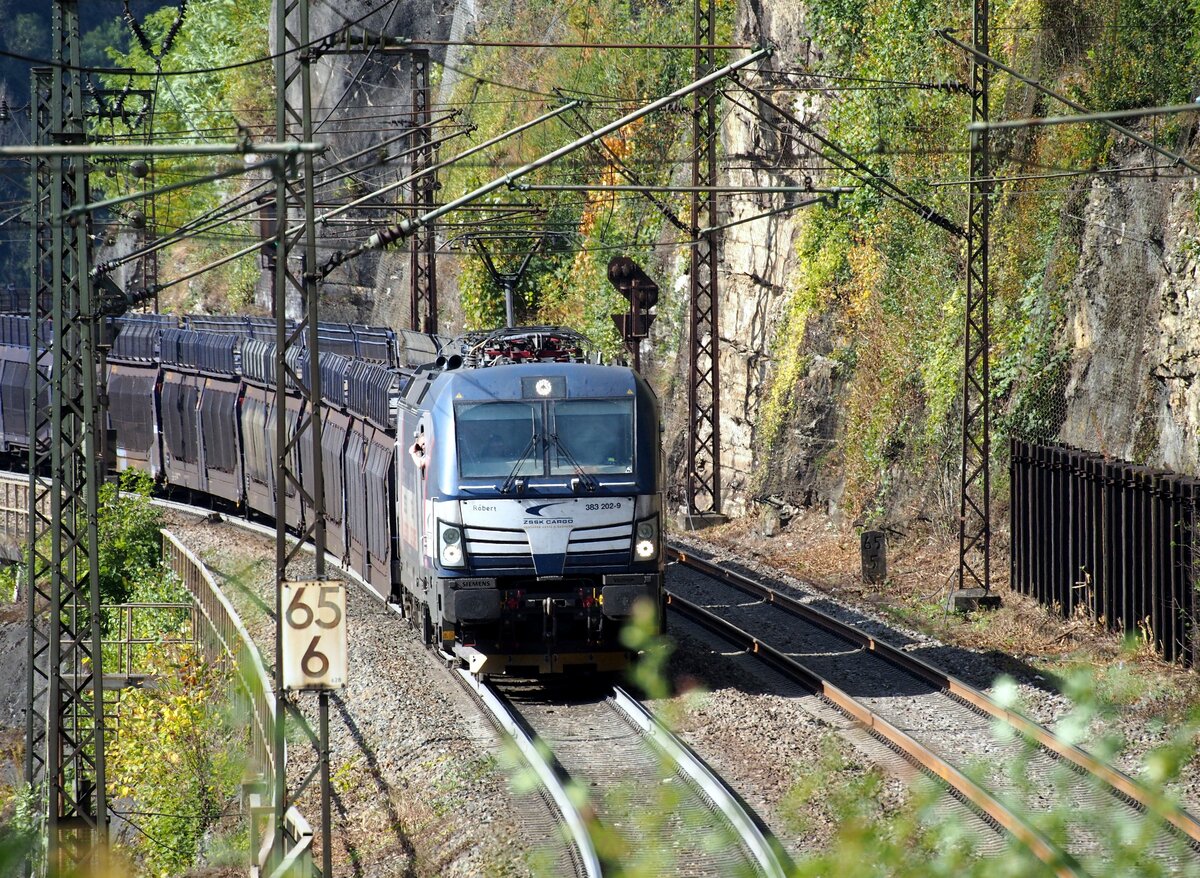 Mit Hilfe von Armin konnte ich die Lok auf der Geislinger Steige bestimmen: 383 202-9 „Robert“  NVR-Nr. 91 56 6383 202-9 SK-RAILL
Gebaut 2018 unter der Fabriknummer 22383
Zulassungen f�r D/A/H/CZ/SK/PL/RO/HR/S

mit einem leeren Autotransportzug auf der Geislinger Steige am 02.10.2021.