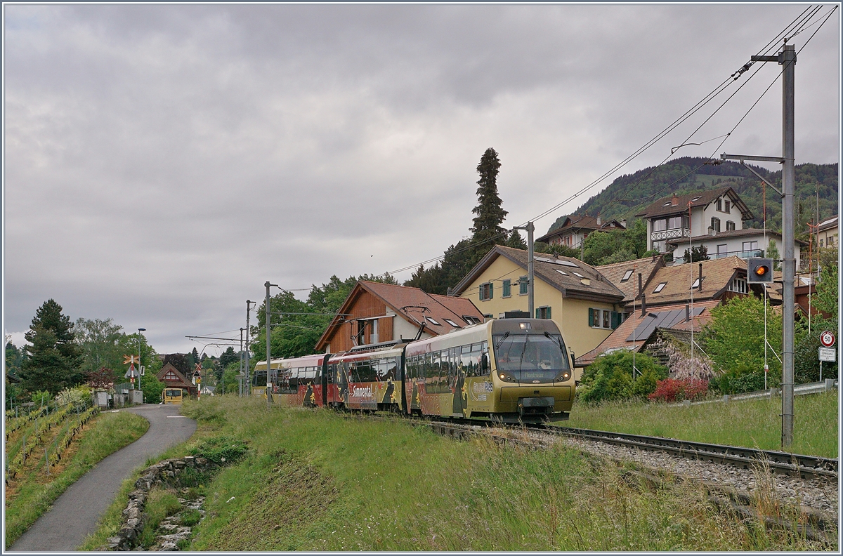 Neuerdings kommt an Wochenenden ein MOB Be 4/4 Serie 5000  Lenkerpendel  von Zweisimmen nach Montreux; wobei die Fahrt in diesem bunten Zug nicht ganz so bequem sein dürfte. 
Das Bild zeigt den mit einem  Lenkerpendel  geführten Regionalzug 2209 bei Planchamp. 

2. Mai 2020