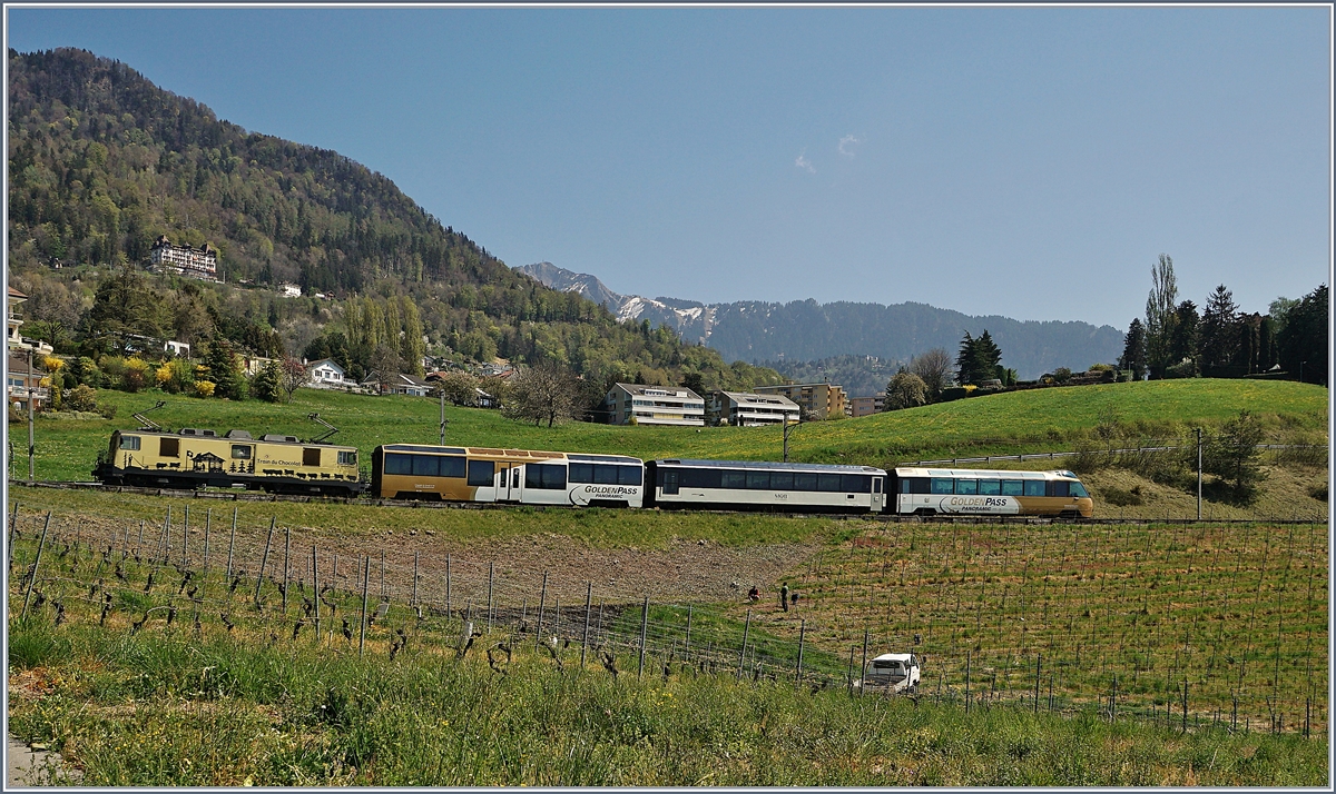 Noch richtig  goldig  zeigt sich bei Planchamp noch Mitte April dieser MOB Zug auf der Fahrt in Richtung Montreux. Gemäss Fahrplan hätte zu dieser Zeit eigentlich ein  MOB Belle Epoque  Zug fahren sollen, doch durch die Umstellung der Fahrzeuge auf die automatische Kupplung kam 
es in diesem Jahr vermehrt durch Änderungen im Umlauf der Kompositionen. 

14. April 2020