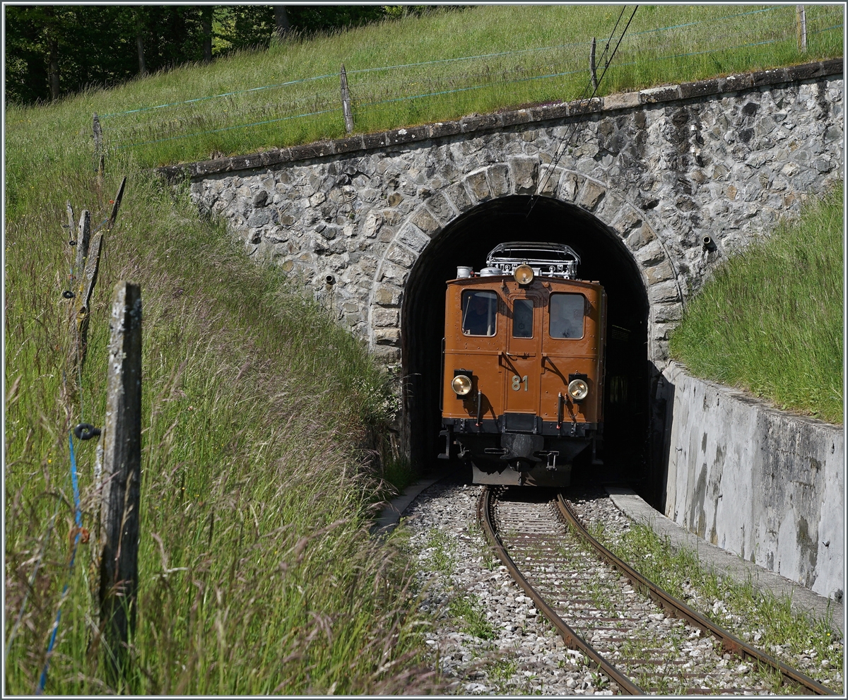  Nostalgie & Vapeur 2021  /  Nostalgie & Dampf 2021  - so das Thema des diesjährigen Pfingstfestivals der Blonay-Chamby Bahn. Die Bernina Bahn RhB Ge 4/4 81 der Blonay-Chamby Bahn verlässt den kurzen Tunnel welcher die Strecke von der Baye de Clarnes kommen wieder auf die aussichtsreiche Seite der Riviera Vaudoise führt.

23. Mai 2021