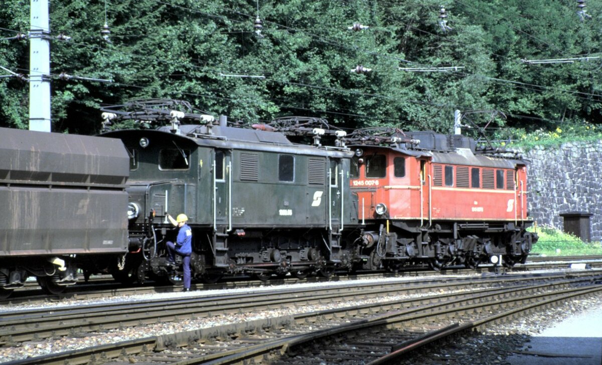 ÖBB 1080.06 und 1245.007-8 in Hieflau am 14.08.1986.
